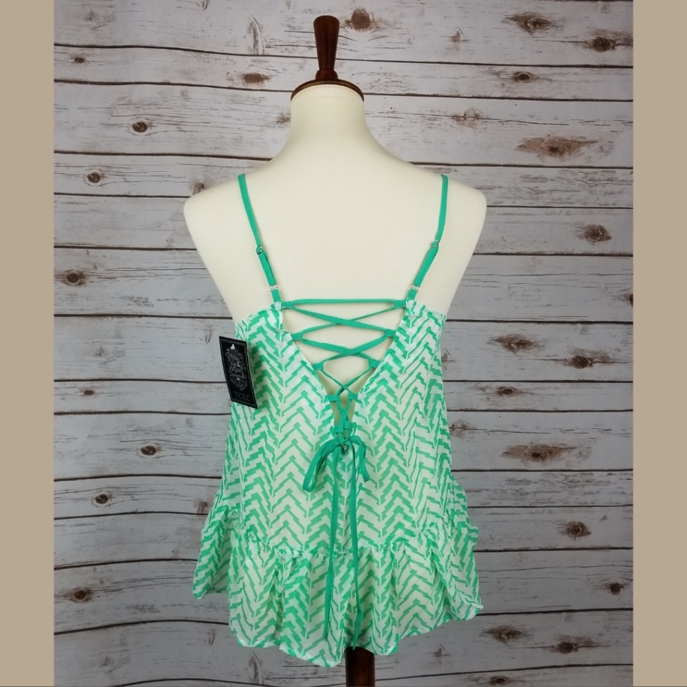 New TCEC lace up back sheer zig zag print tank